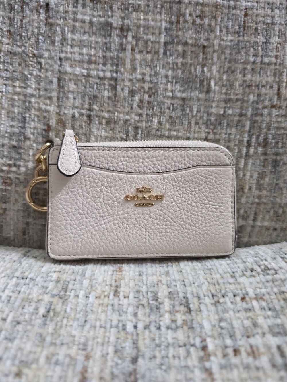 Coach Pebbled Leather Card Case with Gold Key Ring in Light Beige